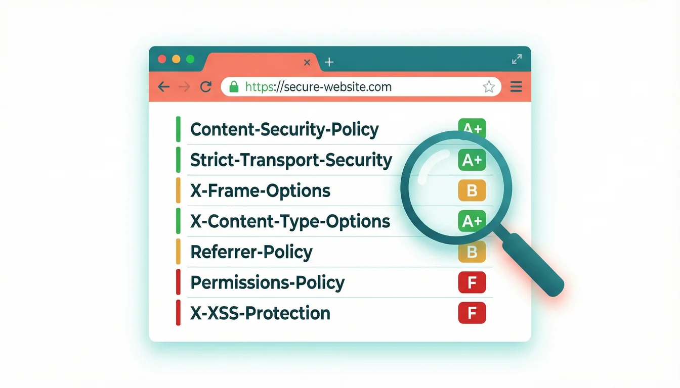 HTTP Header Inspector interface showing security header grades from A to F with colour-coded results
