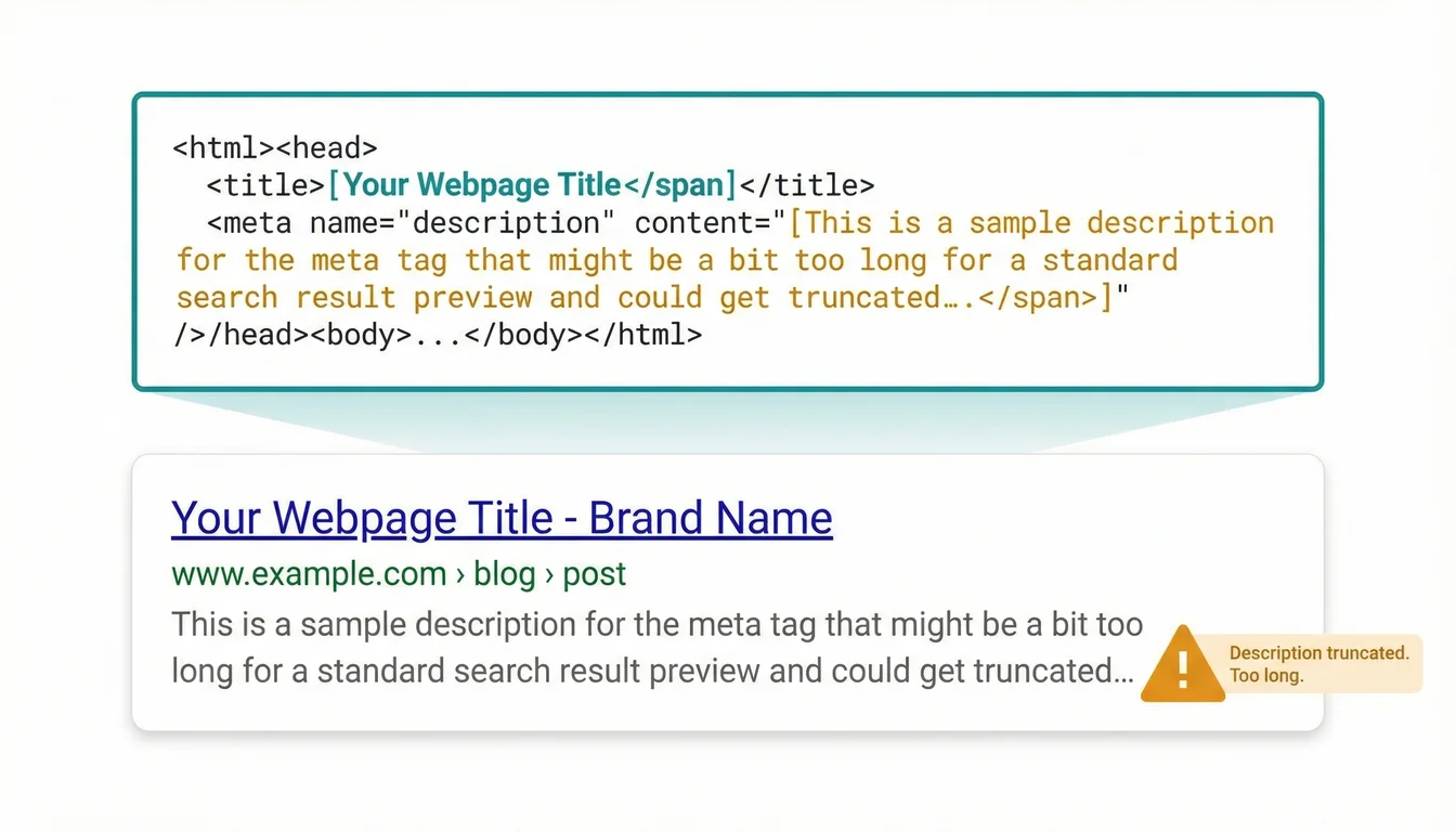 Meta Tag Checker showing a Google SERP preview, Facebook and Twitter card previews, and an SEO issue summary