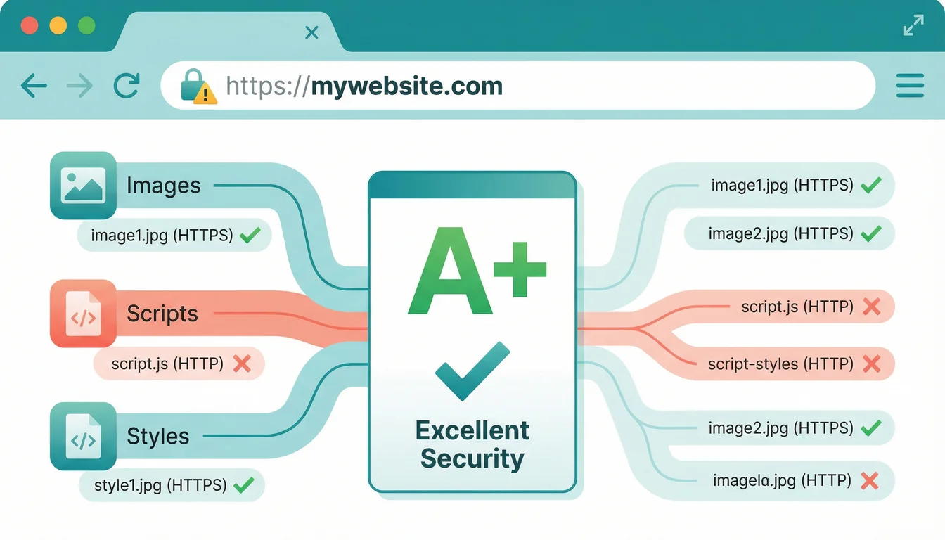 Why No Padlock scanner results showing mixed content warnings with a security grade and SSL certificate details