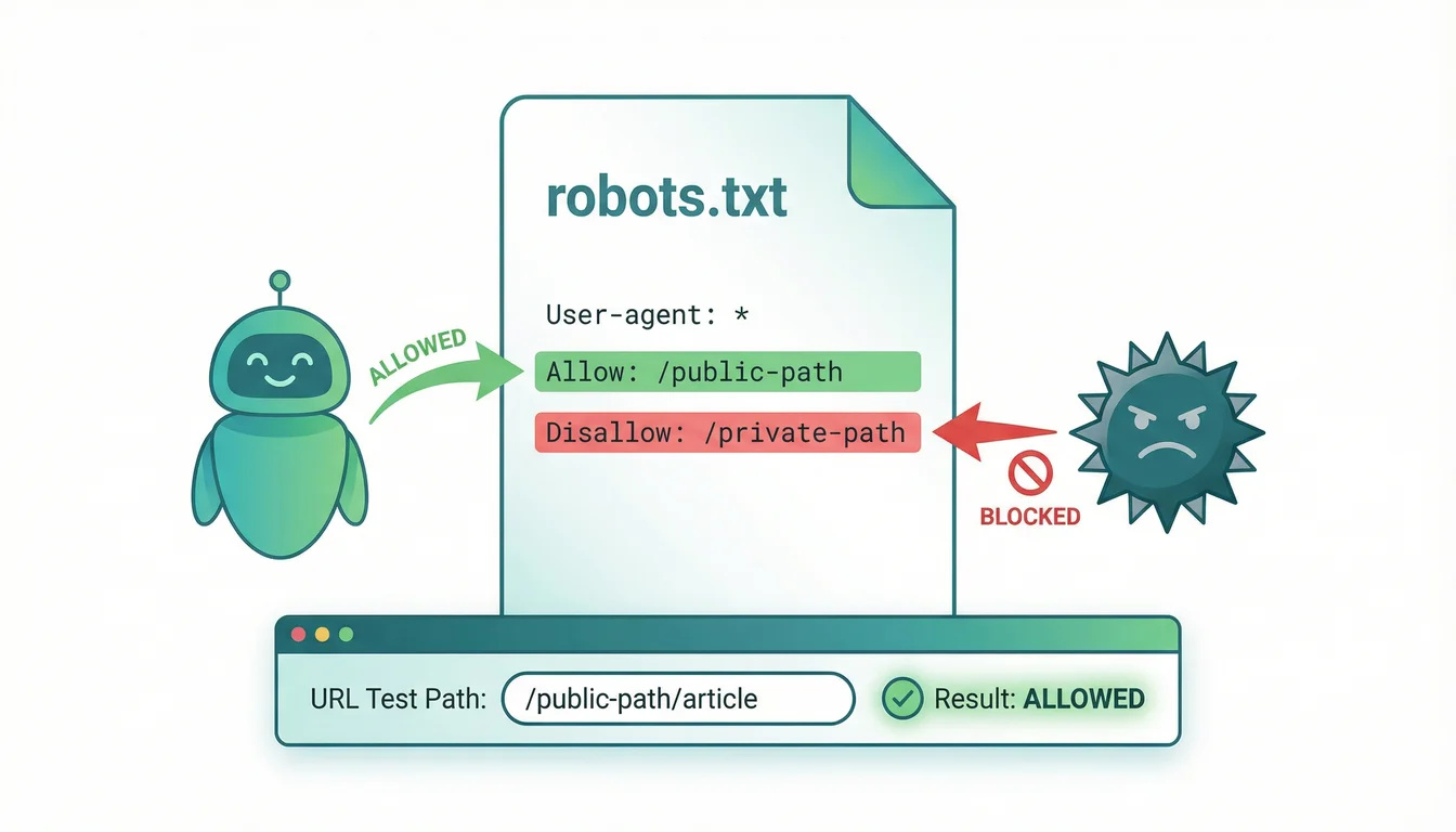 Robots.txt Checker parsing crawl rules with a URL test input showing allowed and blocked paths