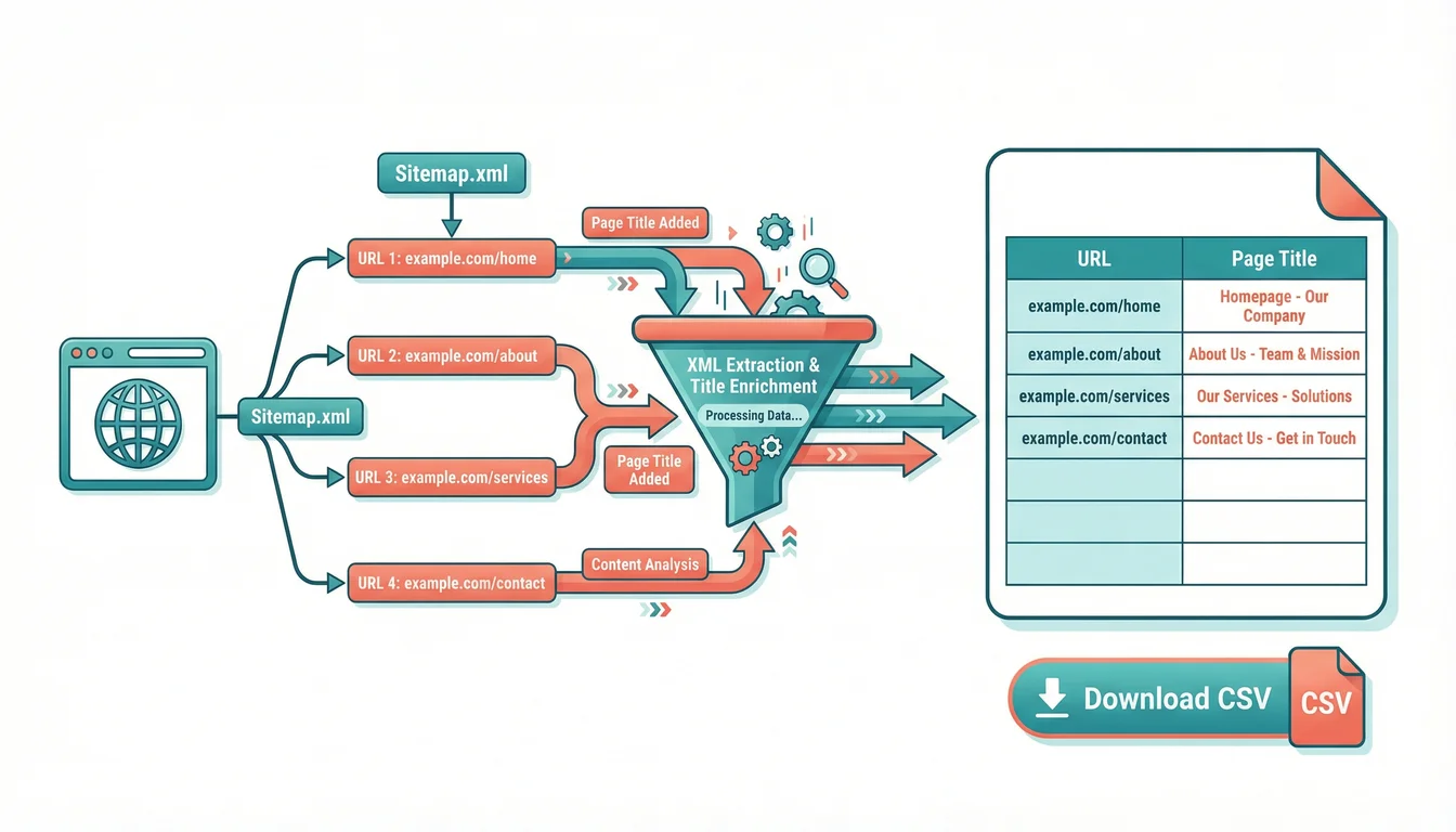 Post Sitemap to CSV tool showing discovered sitemaps, a URL list with fetched titles, and a CSV download button