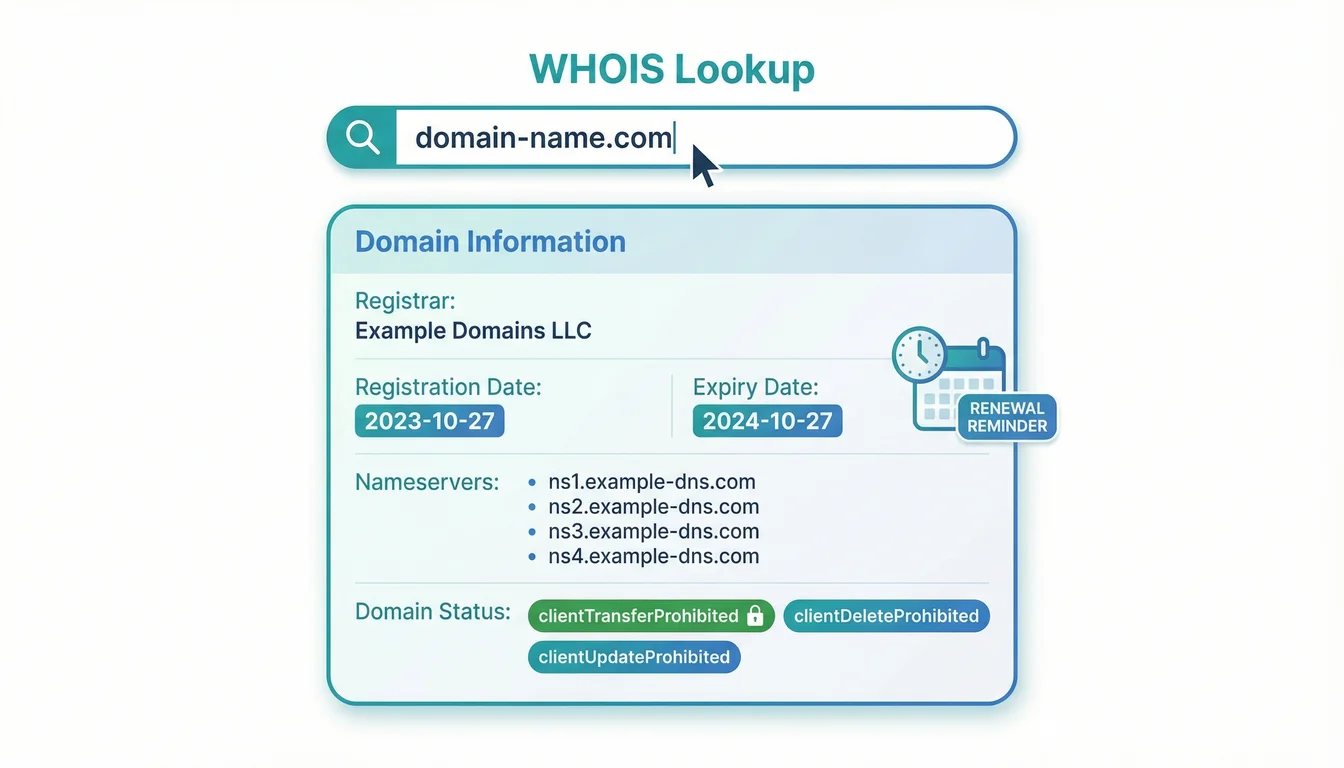 WHOIS Lookup results showing domain registration dates, nameservers, and registrar information in organised sections