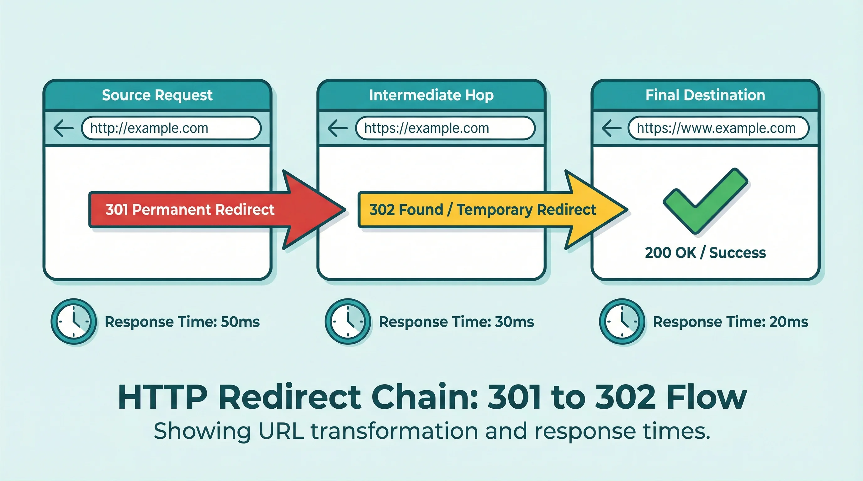 Redirect chain visualization showing HTTP to HTTPS to www redirect steps with status codes and timing