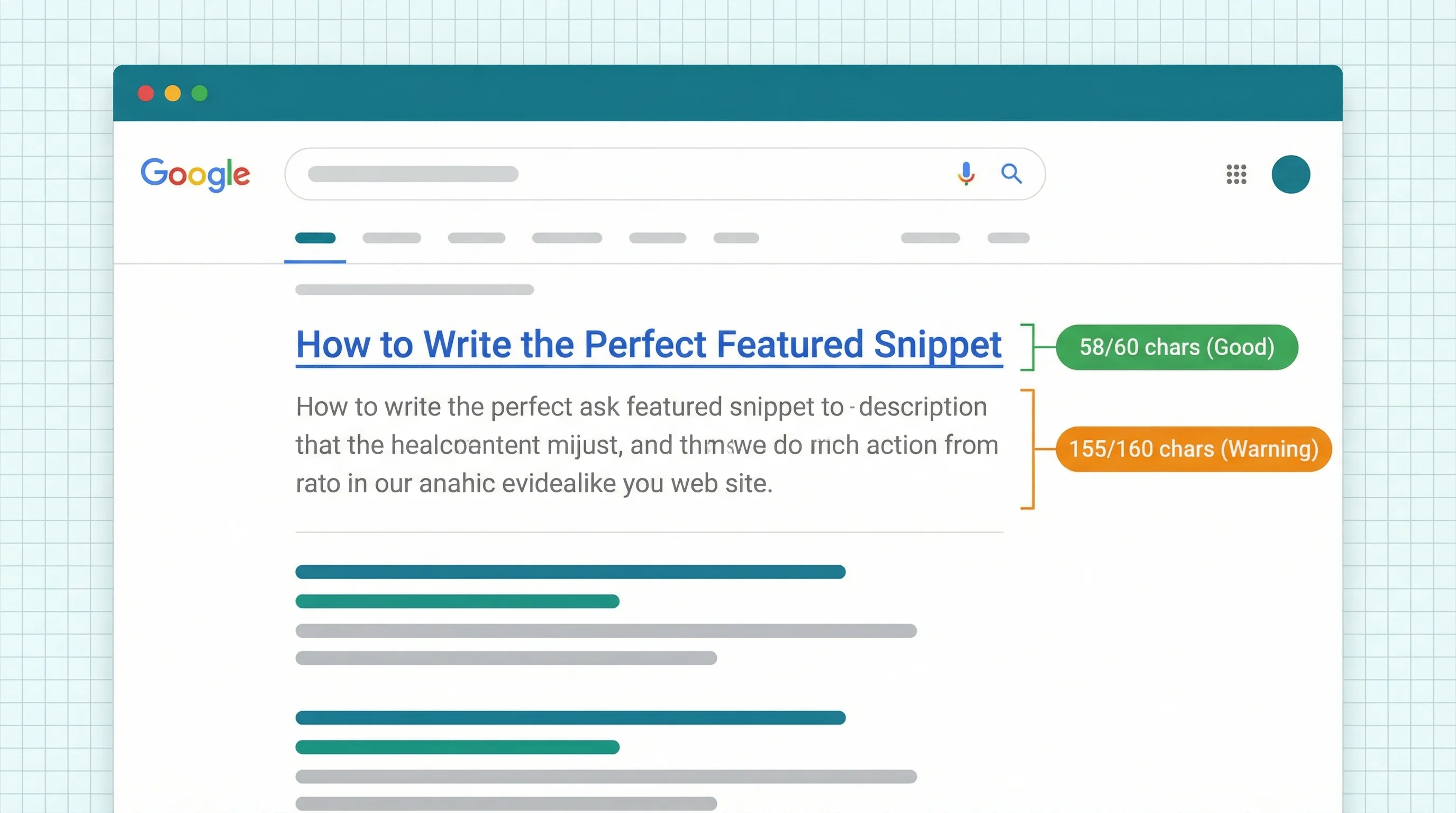 Vector illustration of a Google search results page with highlighted title tags and meta descriptions showing character limits
