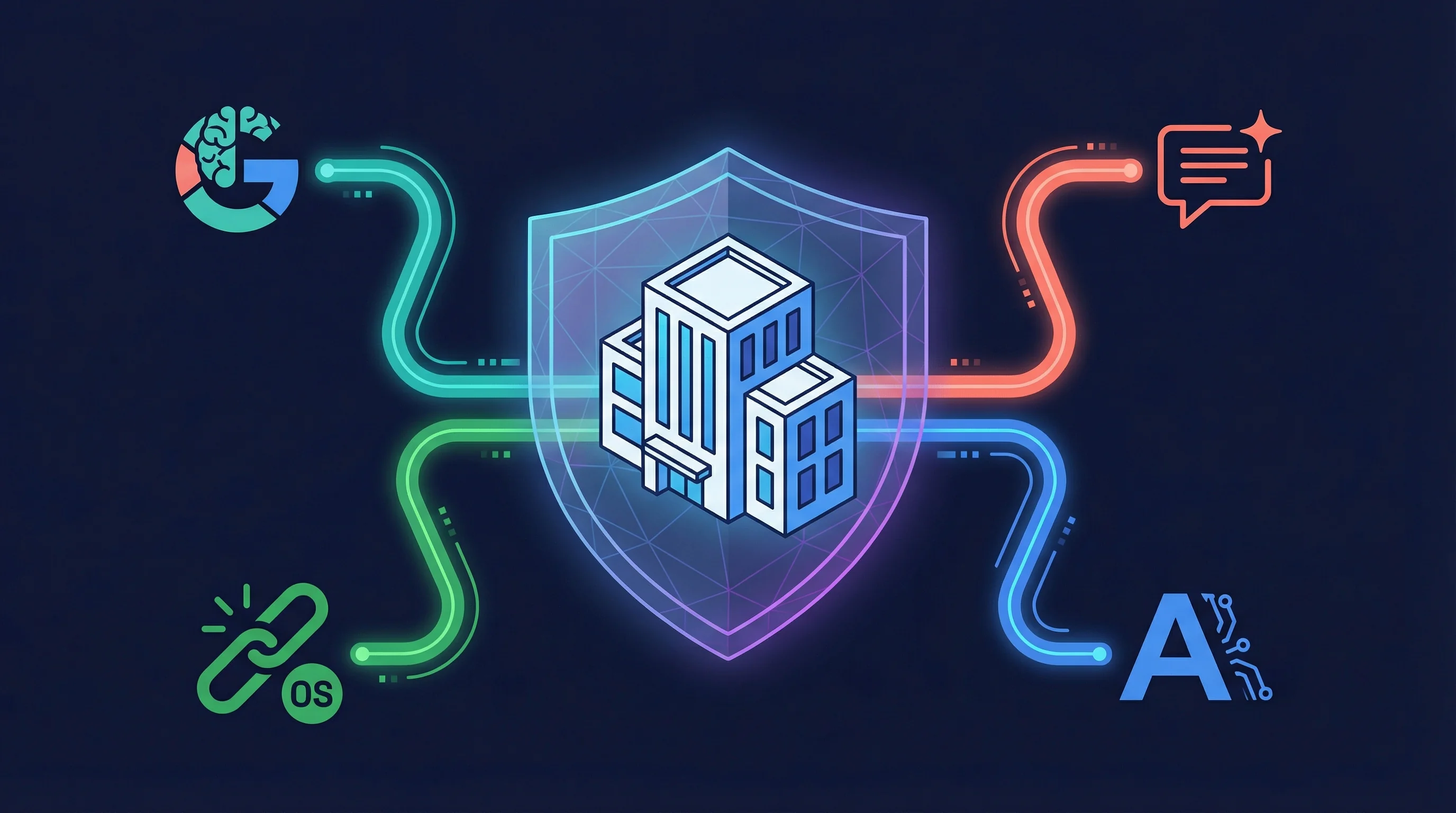 Illustration of a business continuity plan document with AI vendor logos and checkboxes for multi-provider strategy