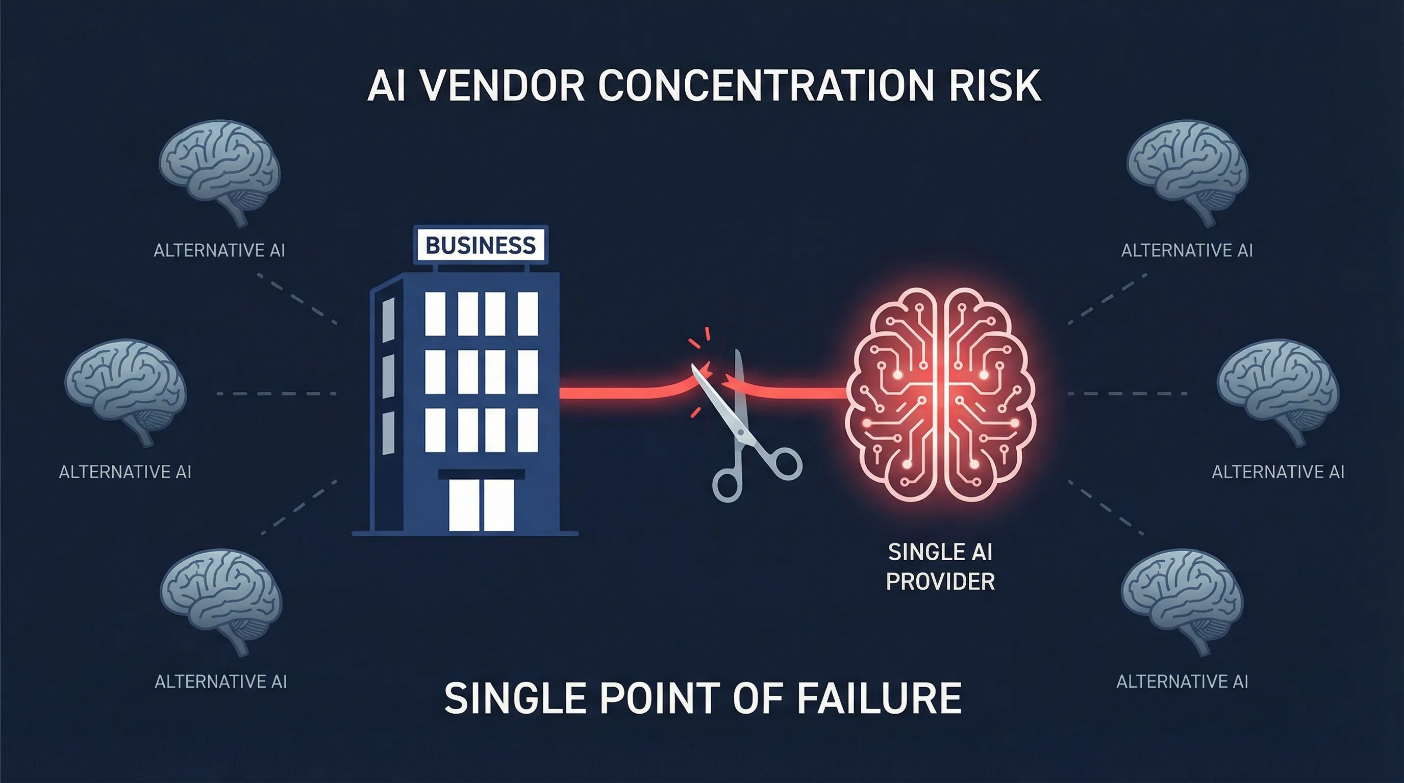 Illustration showing multiple business buildings connected by threads to a single AI provider tower, with scissors hovering above the threads