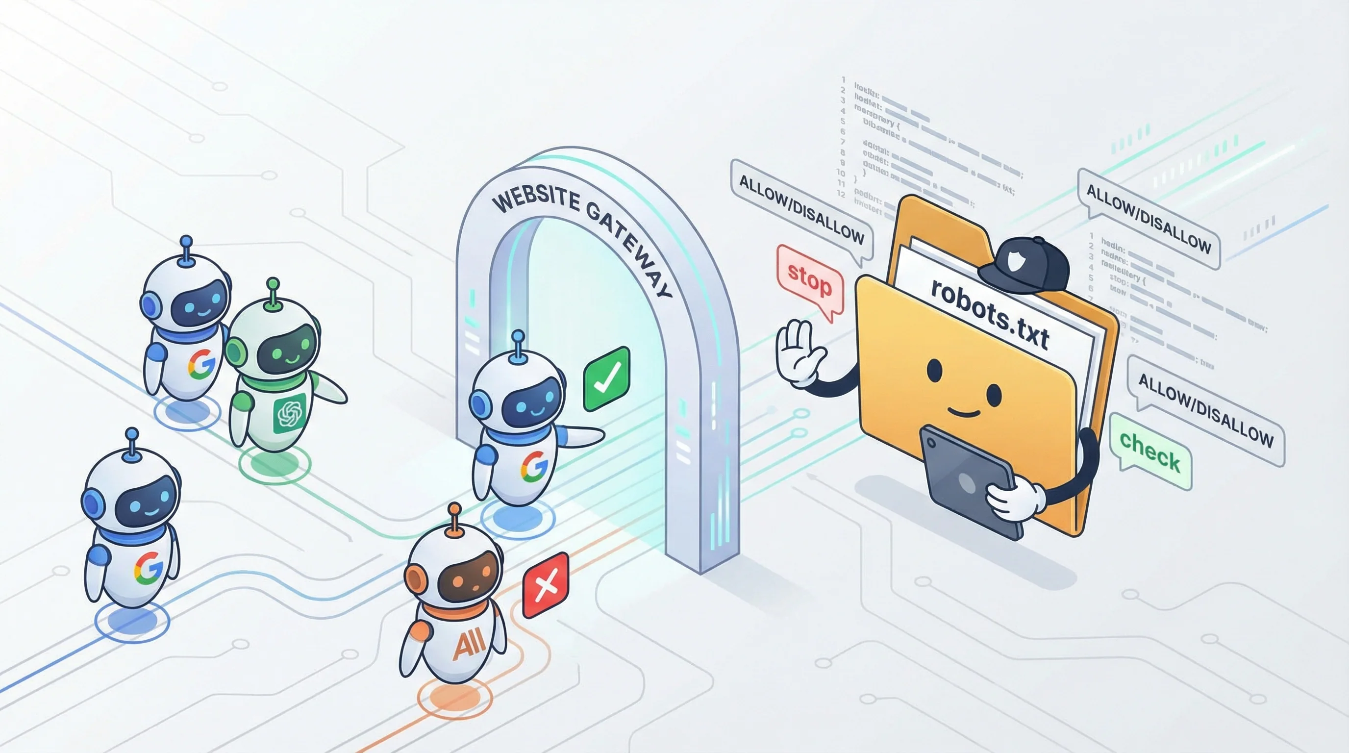 Vector illustration showing multiple AI crawler bots approaching a website's robots.txt file as a gateway