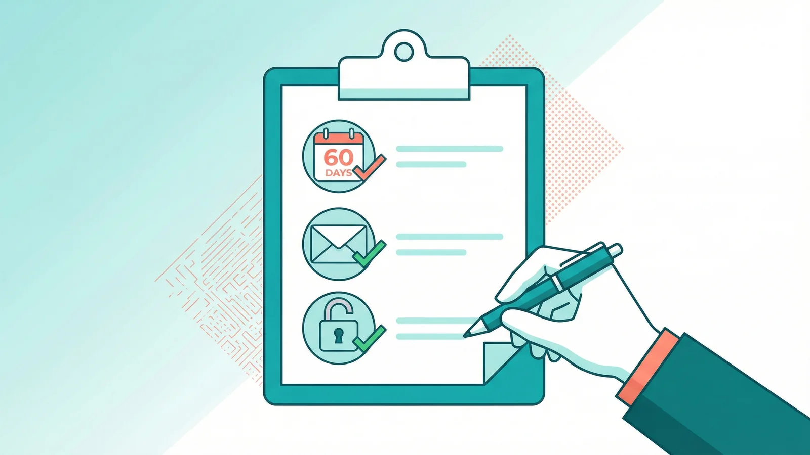 Eligibility checklist showing a calendar with 60-day rule, email verification, and domain status checks