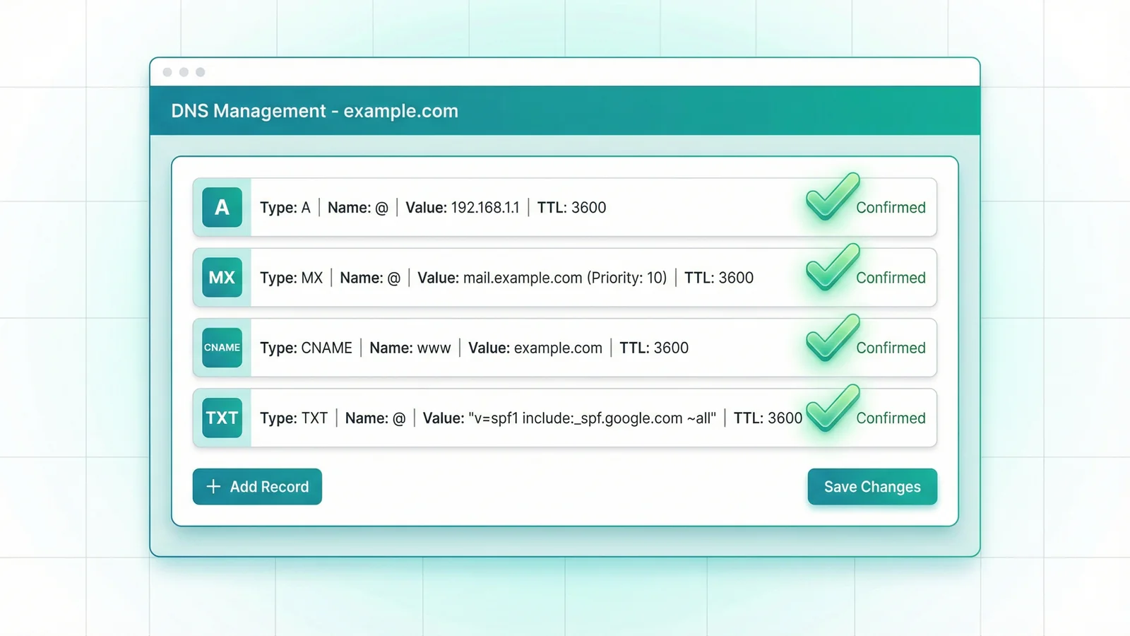 DNS management panel showing A, MX, CNAME, and TXT records being configured with green checkmarks