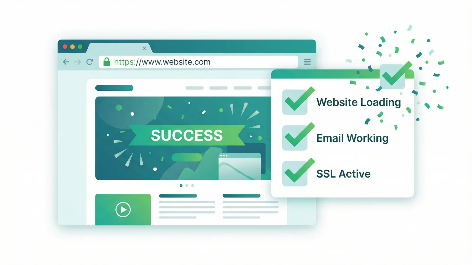 Browser showing a live website with green padlock, alongside a checklist confirming website, email, and SSL are all working
