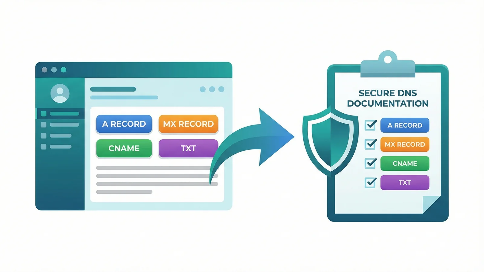 DNS records including A, MX, CNAME, and TXT records being documented and saved to a secure clipboard