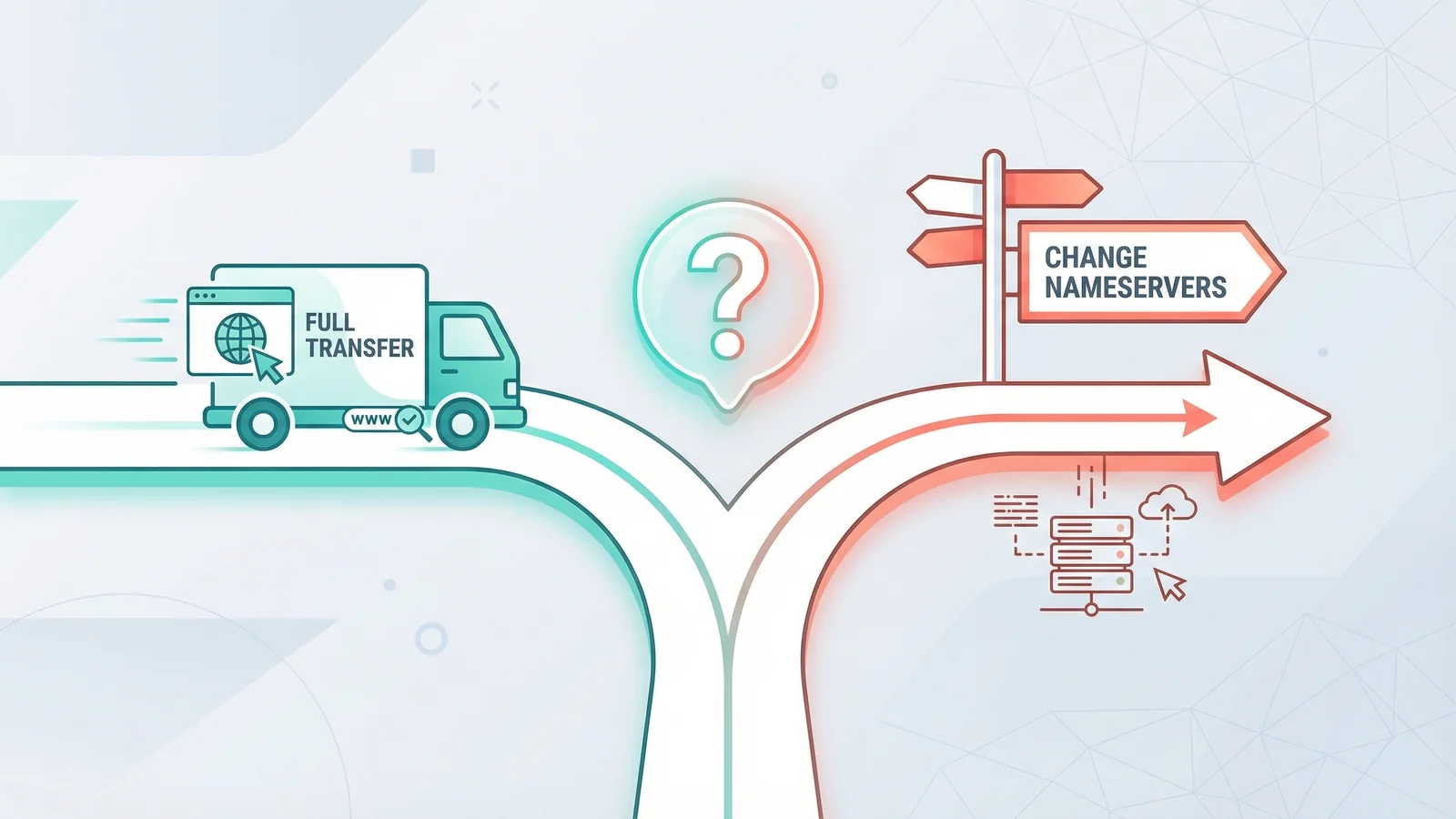 Decision diagram showing two paths: full domain transfer on the left and nameserver change on the right