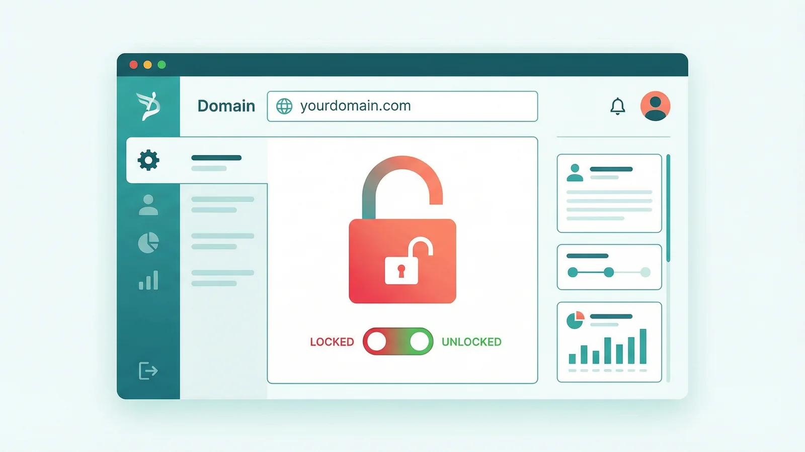 A domain control panel showing a registrar lock toggle being switched from locked to unlocked