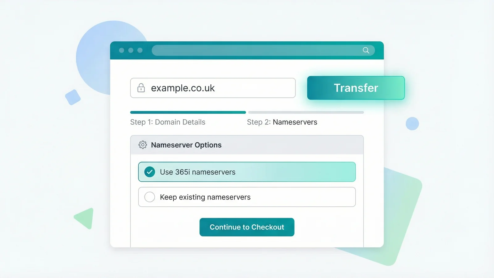 365i checkout screen showing a domain being transferred with nameserver options