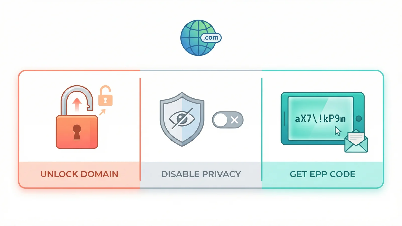 Three preparation actions for international domains: unlock, disable WHOIS privacy, and retrieve EPP code