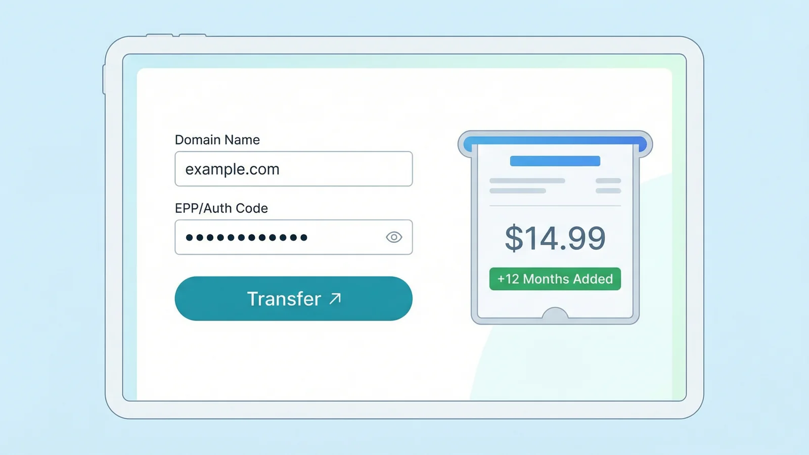 Domain transfer form showing fields for domain name, EPP code, and a payment receipt showing 12 months added