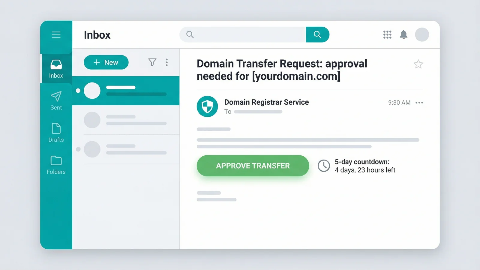 Email inbox showing a domain transfer approval message with a green Approve Transfer button
