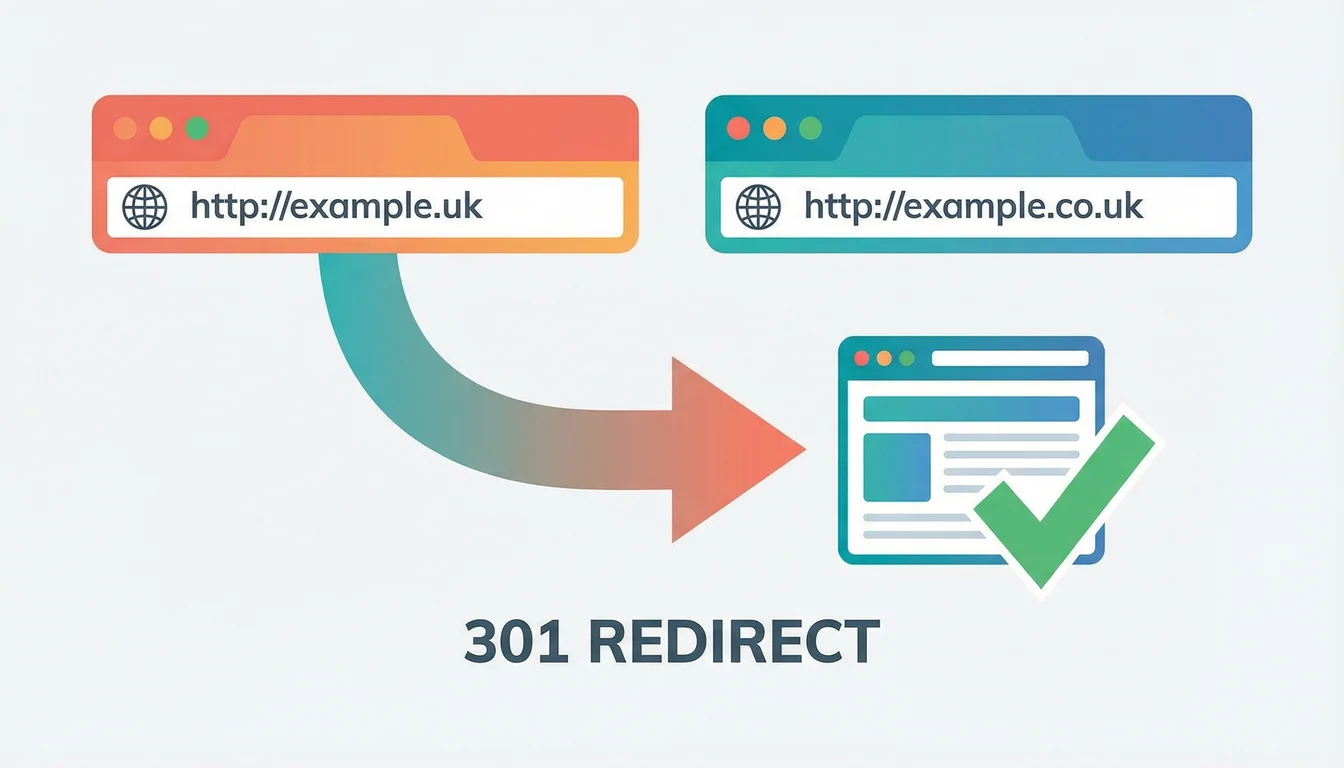 Diagram showing 301 redirect from secondary domain to primary domain consolidating traffic and SEO authority