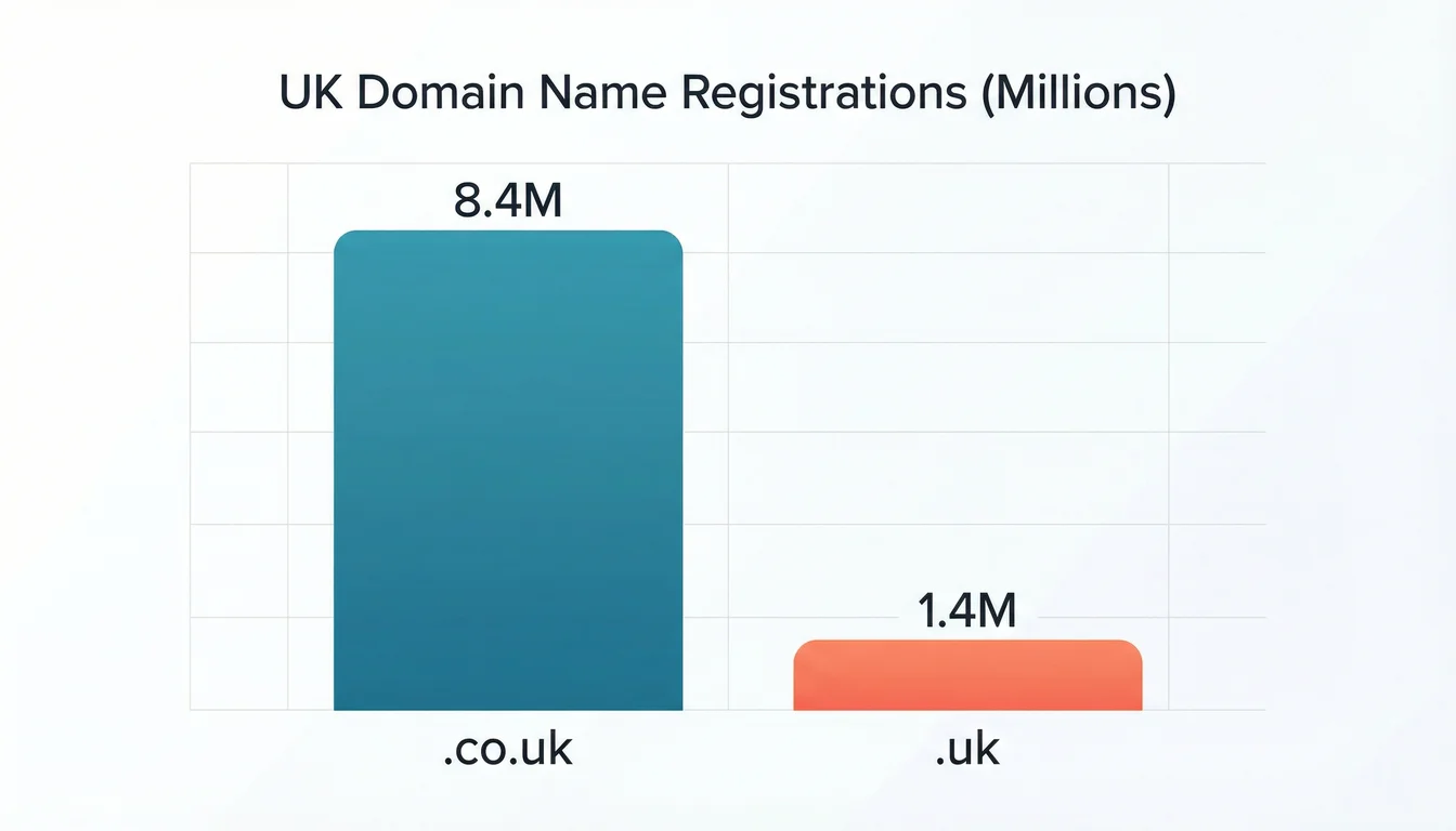 Bar chart showing .co.uk at 8.4 million registrations versus .uk at 1.4 million registrations in January 2026