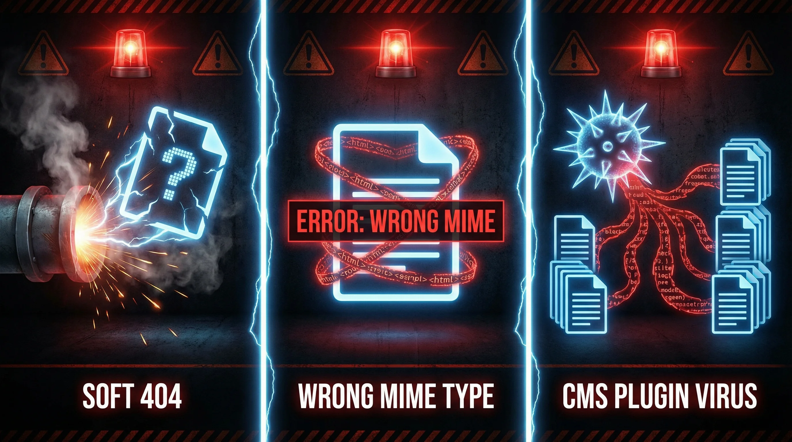 Three dramatic failure scenario panels in neon: a cracked file icon with steam labelled Soft 404, a document wrapped in error tape labelled Wrong MIME Type, and a virus creature attacking stacked files labelled CMS Plugin Virus