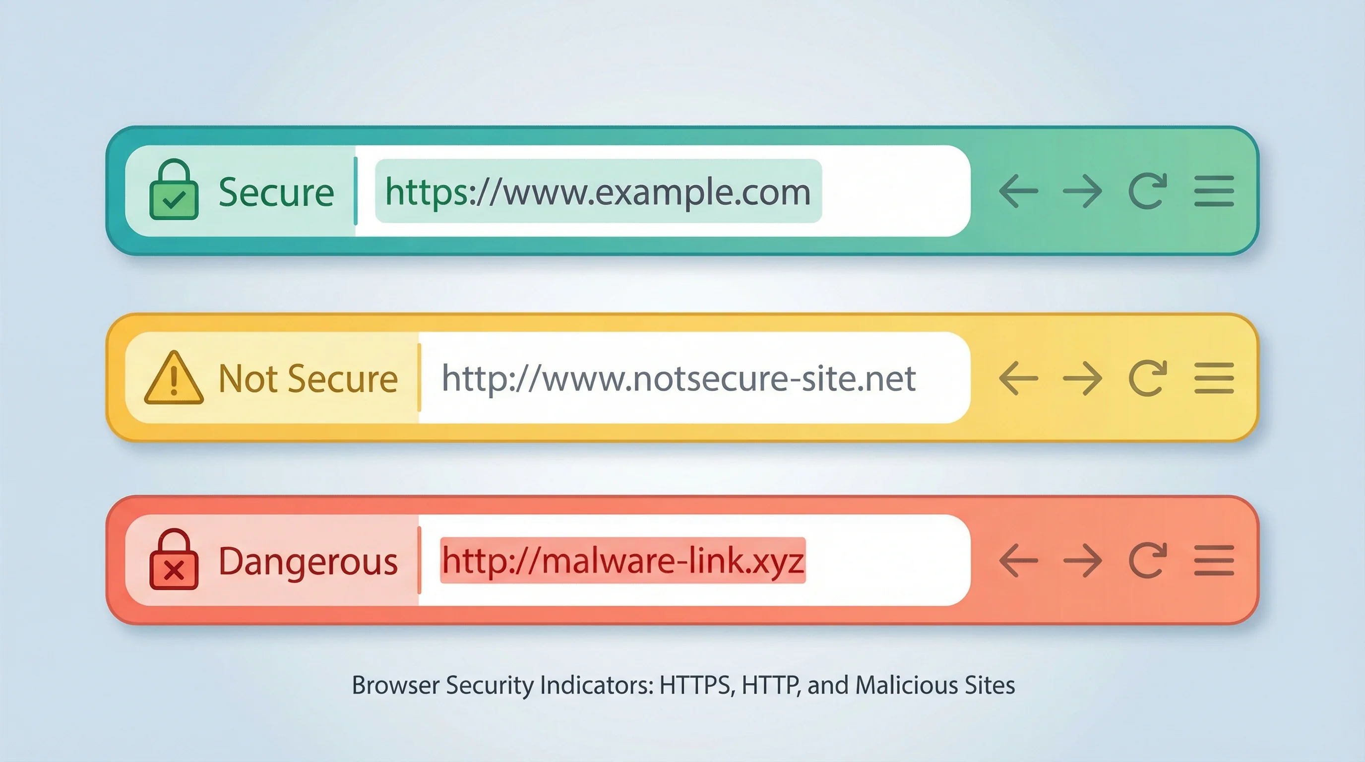 Side-by-side comparison of browser address bars showing secure padlock versus mixed content warning icons