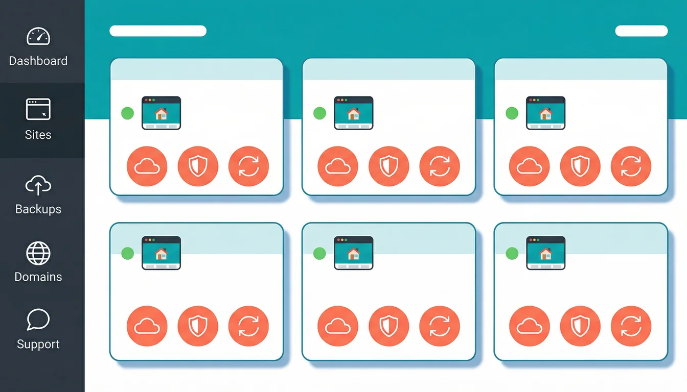 Vector illustration of a hosting control panel showing a grid of WordPress site cards with status indicators, sidebar navigation for Dashboard, Sites, Backups, Domains, and Support