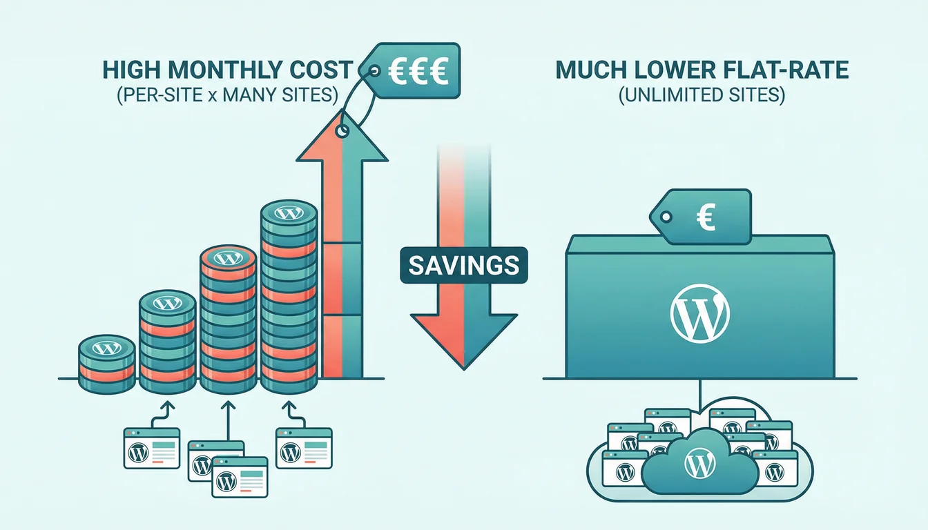 Vector illustration comparing per-site hosting costs as a rising stacked bar chart on the left versus a single flat-rate block on the right, with WordPress icons and a savings arrow between them