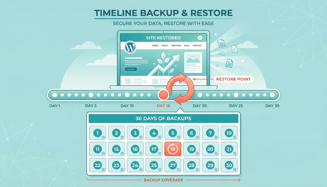 Vector illustration of a timeline backup system showing daily restore points along a 30-day timeline, with a highlighted Day 18 restore point and a restored WordPress site above