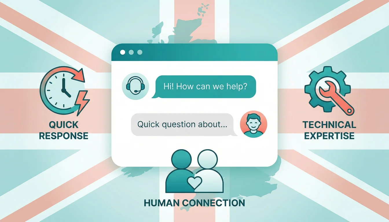 Vector illustration of UK-based support showing a chat conversation, clock for quick response, gear for technical expertise, and people icons for human connection, with a Union Jack background