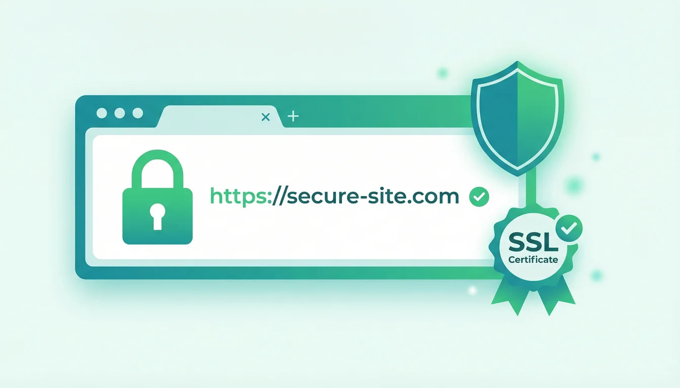 Vector illustration of a green padlock on a browser address bar showing HTTPS with an SSL certificate badge