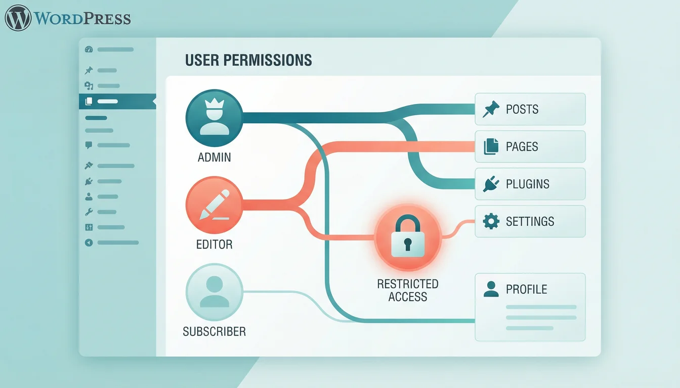 Vector illustration of WordPress user roles with admin, editor, and subscriber icons connected by lines showing different access levels