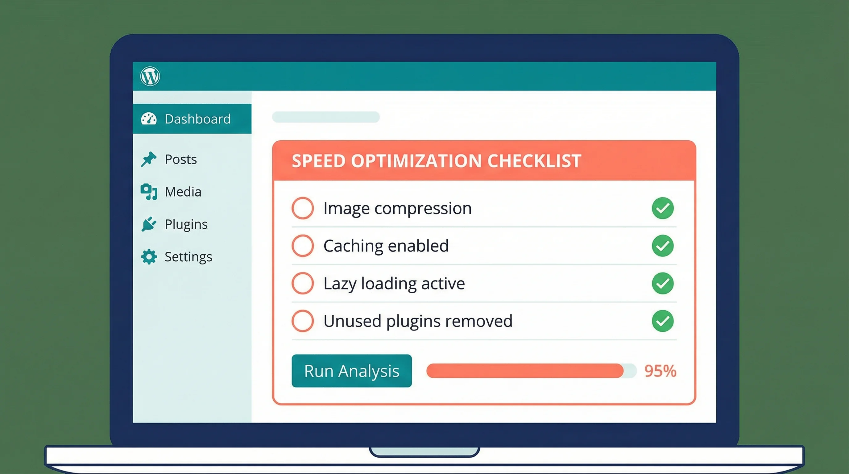Checklist illustration with five items checked off, showing a timer icon indicating these optimisations take minutes not hours