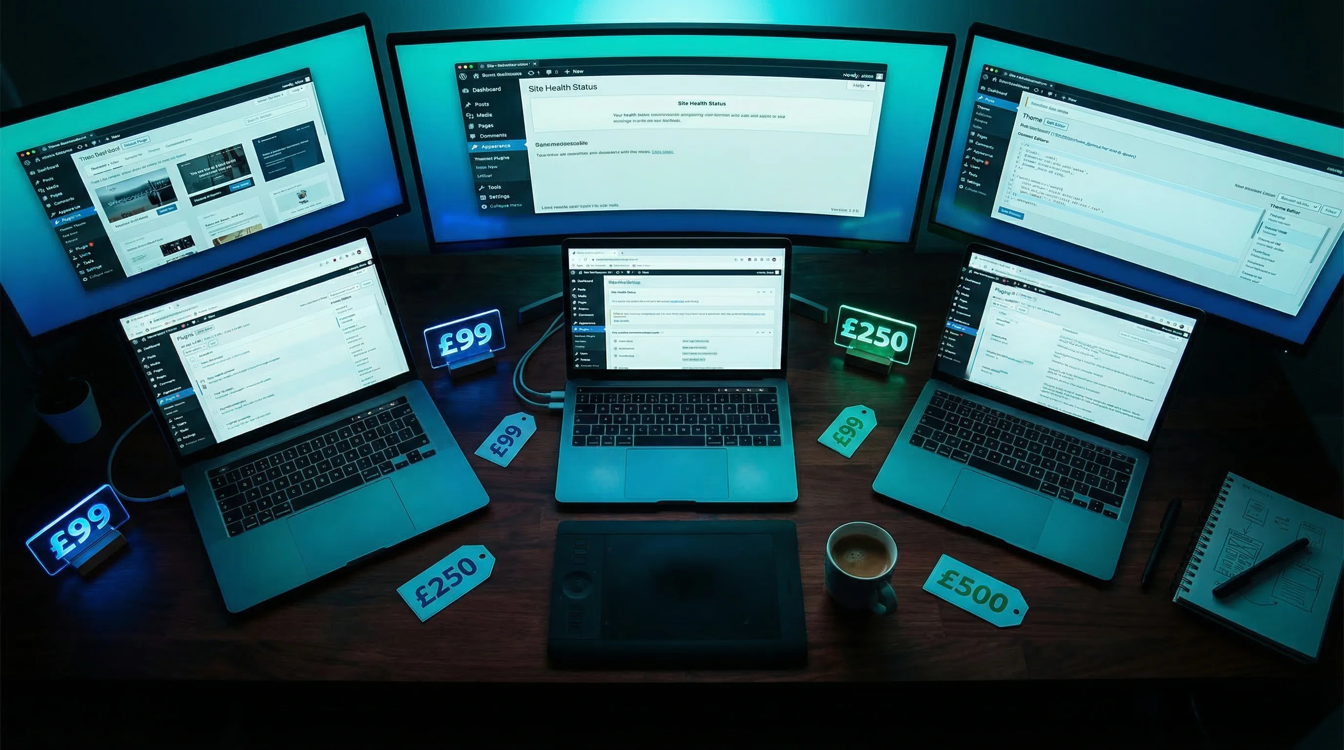 Overhead view of a web designer's workspace with multiple monitors and laptops showing WordPress dashboards, with pound sterling price tags scattered between the screens