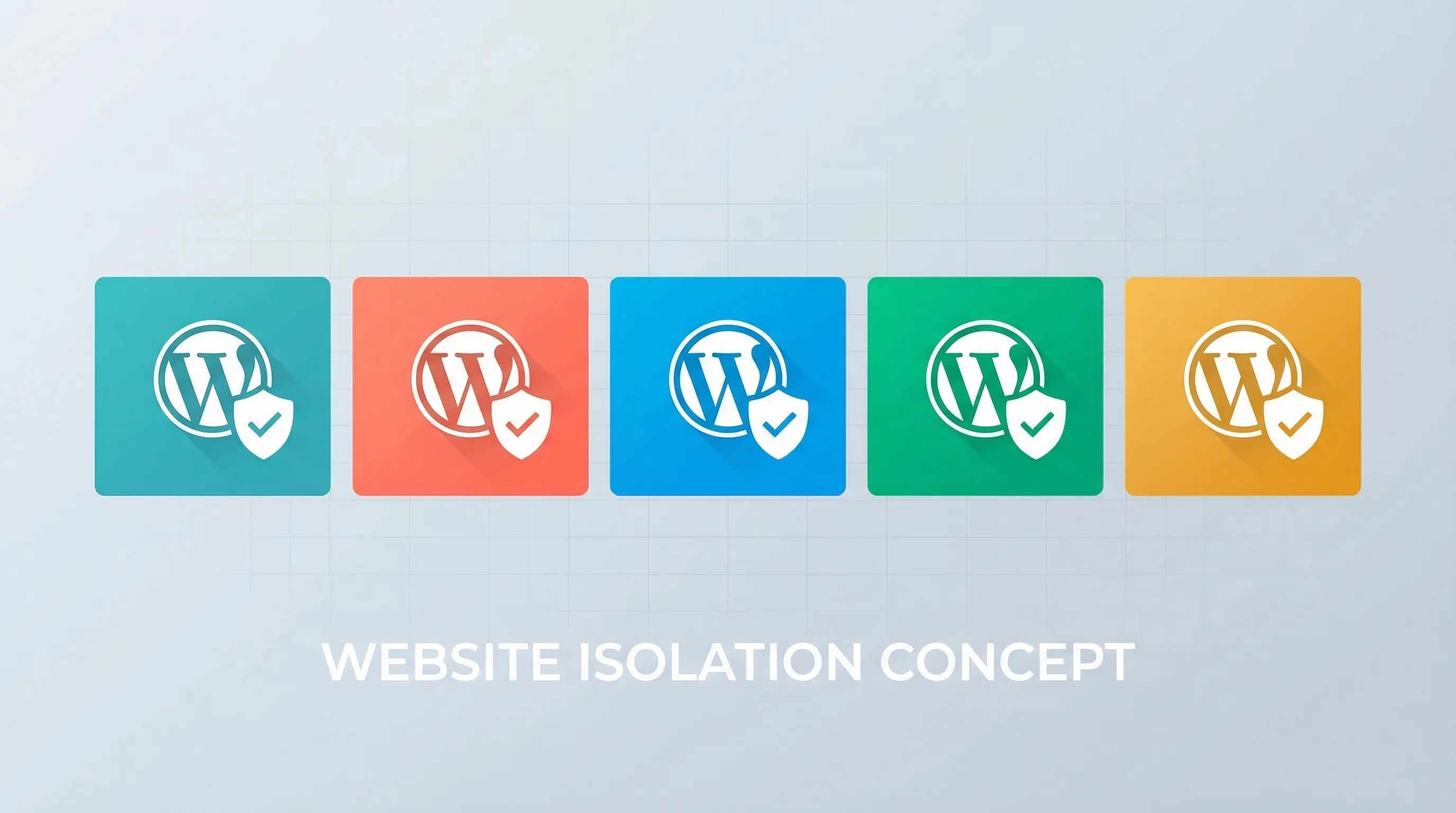Five separate WordPress containers glowing in teal, coral, blue, green, and amber, each with a WordPress logo and shield icon, arranged independently on a dark grid background