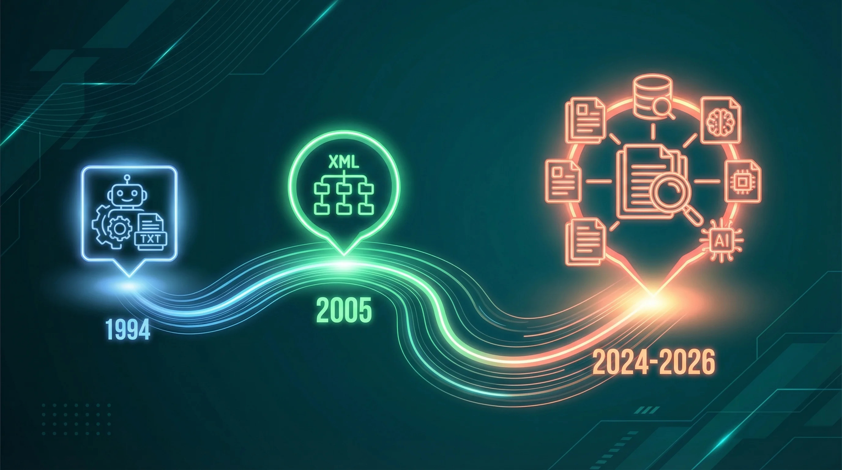 Timeline illustration showing the evolution of web standards: robots.txt in 1994 (blue glow), XML sitemaps in 2005 (green glow), and AI Discovery Files in 2024-2026 (coral glow), connected by a flowing luminous path