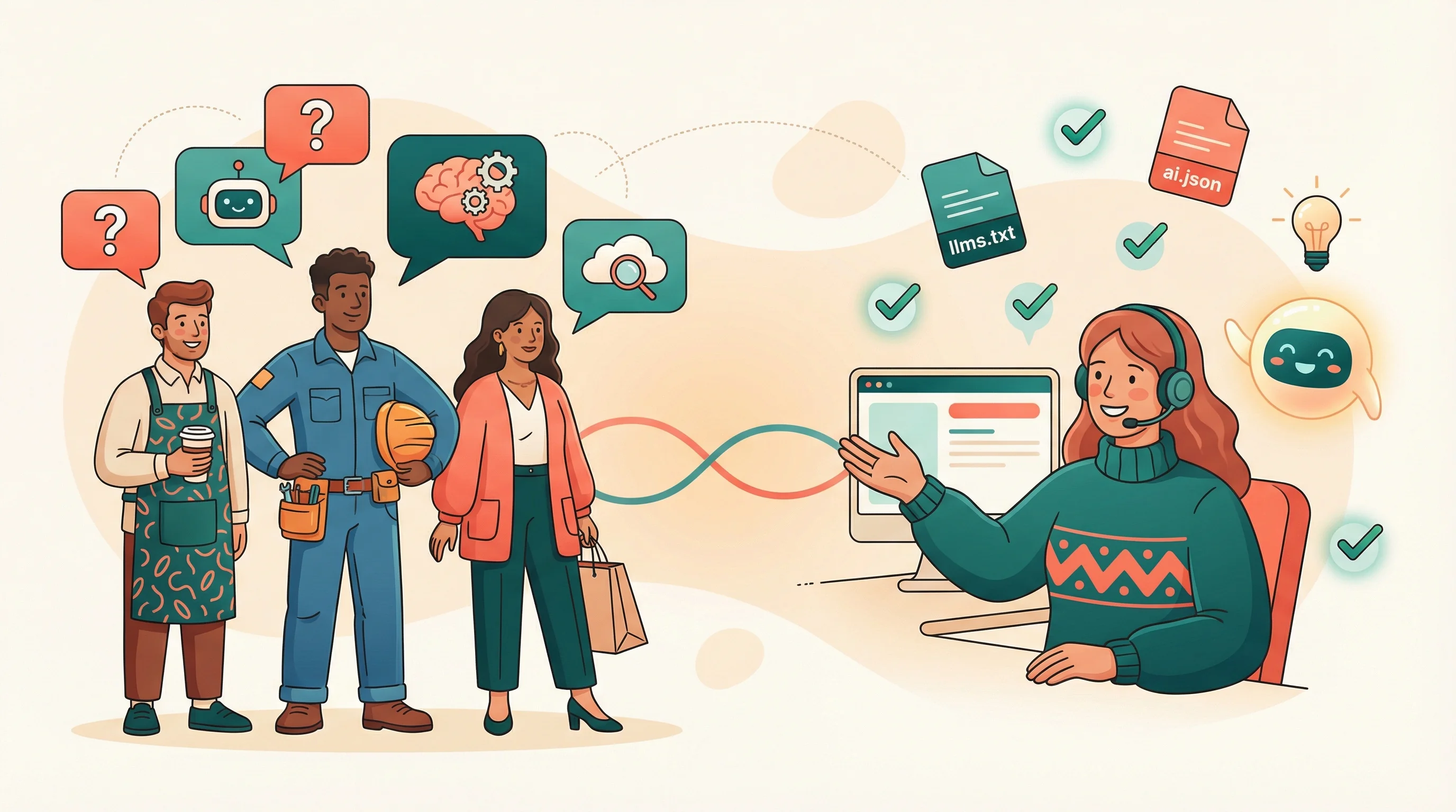 Vector illustration of small business owners with question mark speech bubbles on one side and a support person surrounded by AI discovery file icons and green checkmarks on the other, showing a helpful customer support interaction