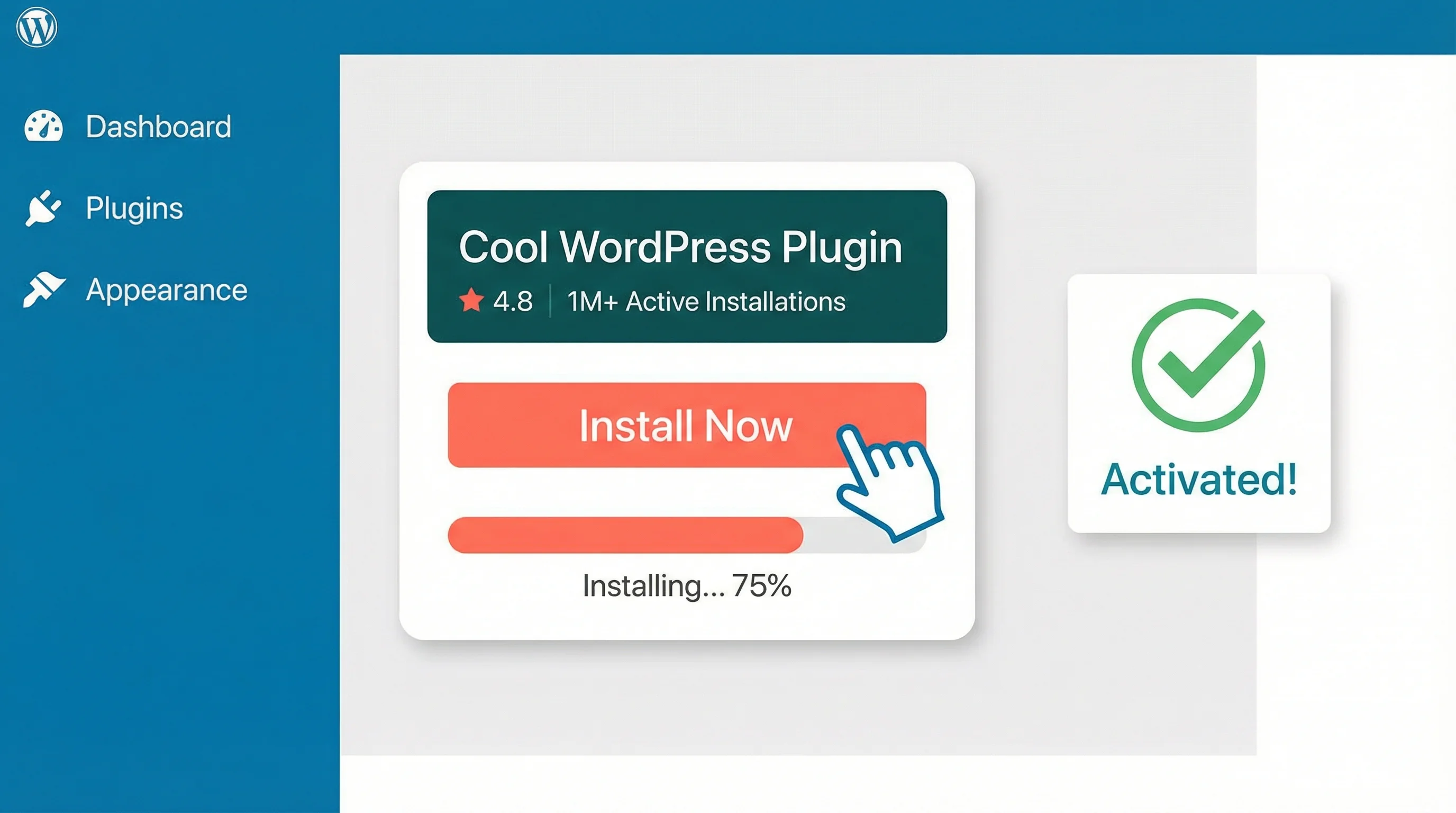 Vector illustration of WordPress plugin installation showing a plugin card with star rating and install count, an Install Now button with cursor, progress bar at 75%, and a green Activated checkmark