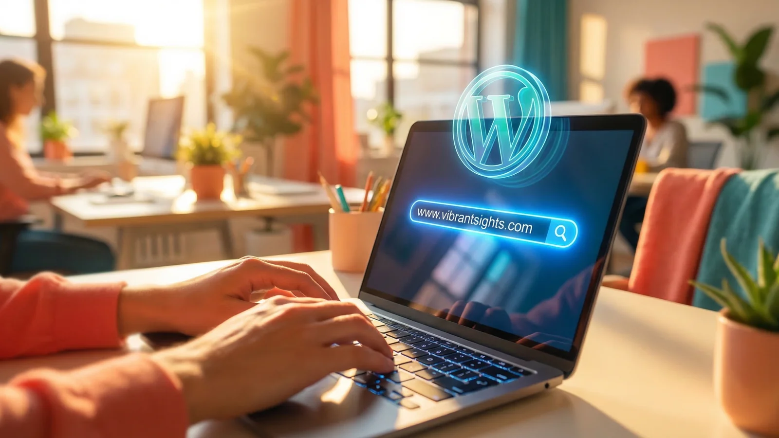 Hands typing a website URL into a glowing search bar on a laptop, with a WordPress logo floating above the screen