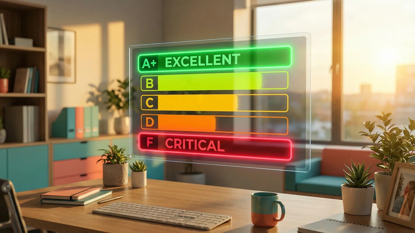A dashboard displaying security grades from A+ to F in bold coloured bars, with A+ glowing green and F pulsing red