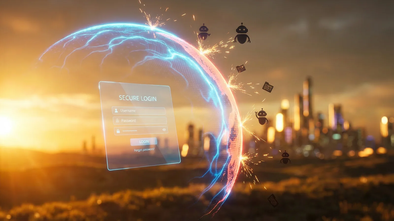 A glowing login page protected by a bright shield, with bot silhouettes being deflected away