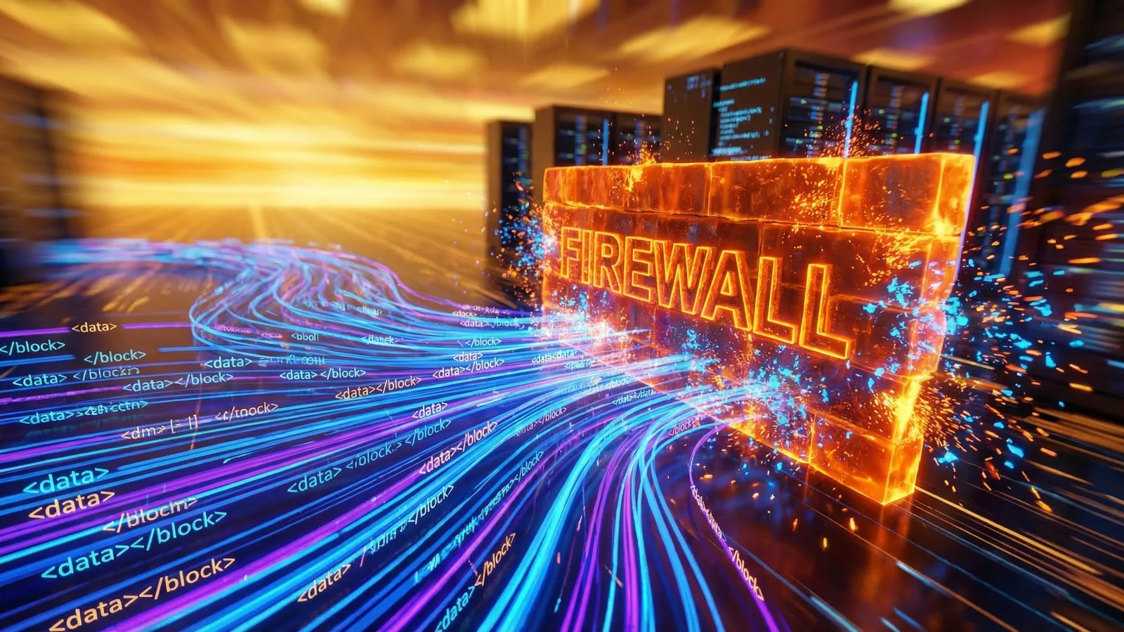 Streams of data being blocked by a bright orange firewall barrier, shattering into sparks