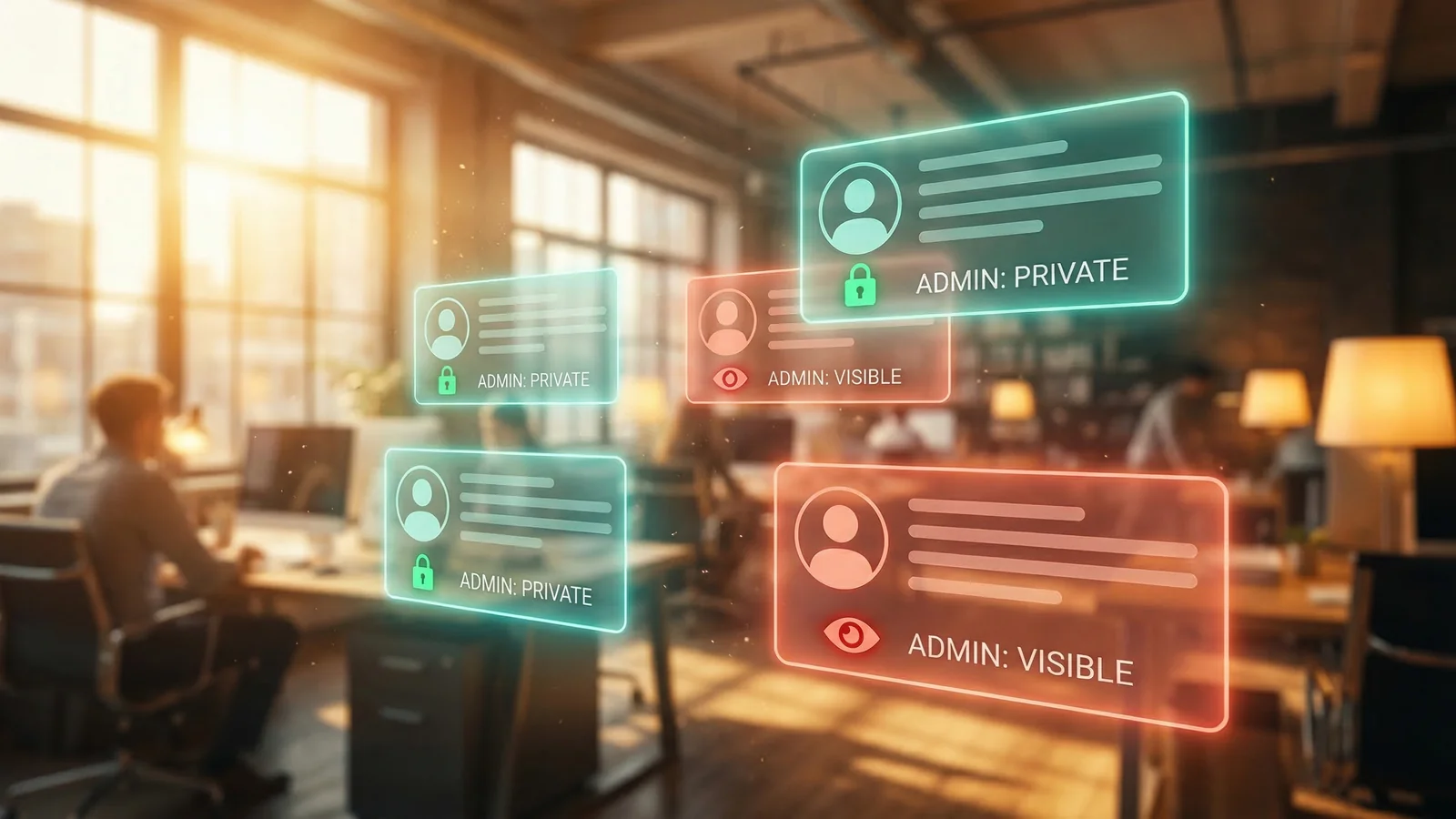 User profile cards floating in light, some protected with green locks and others exposed with red warning icons