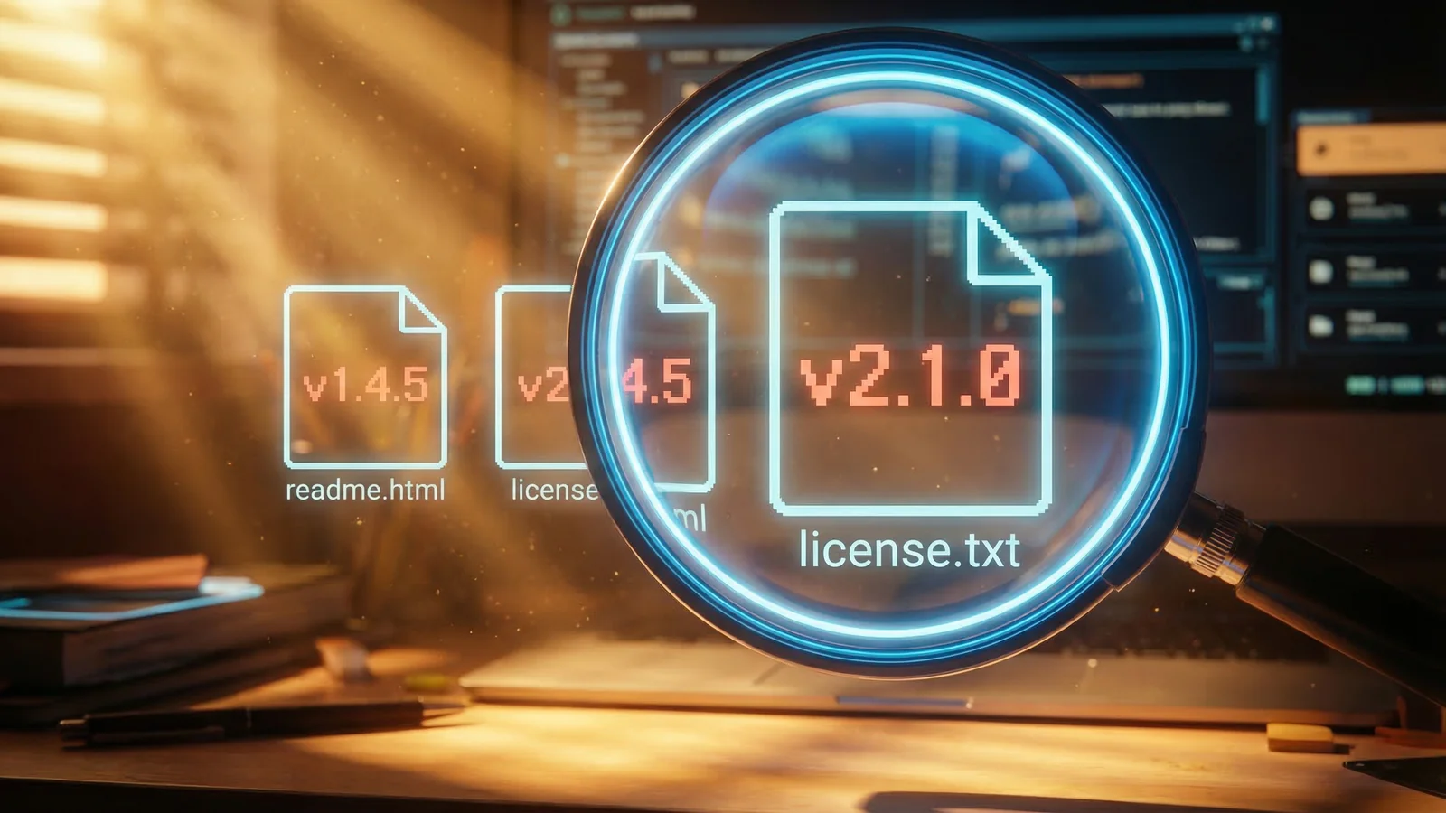 File icons labelled readme.html and license.txt under a magnifying glass revealing hidden version numbers