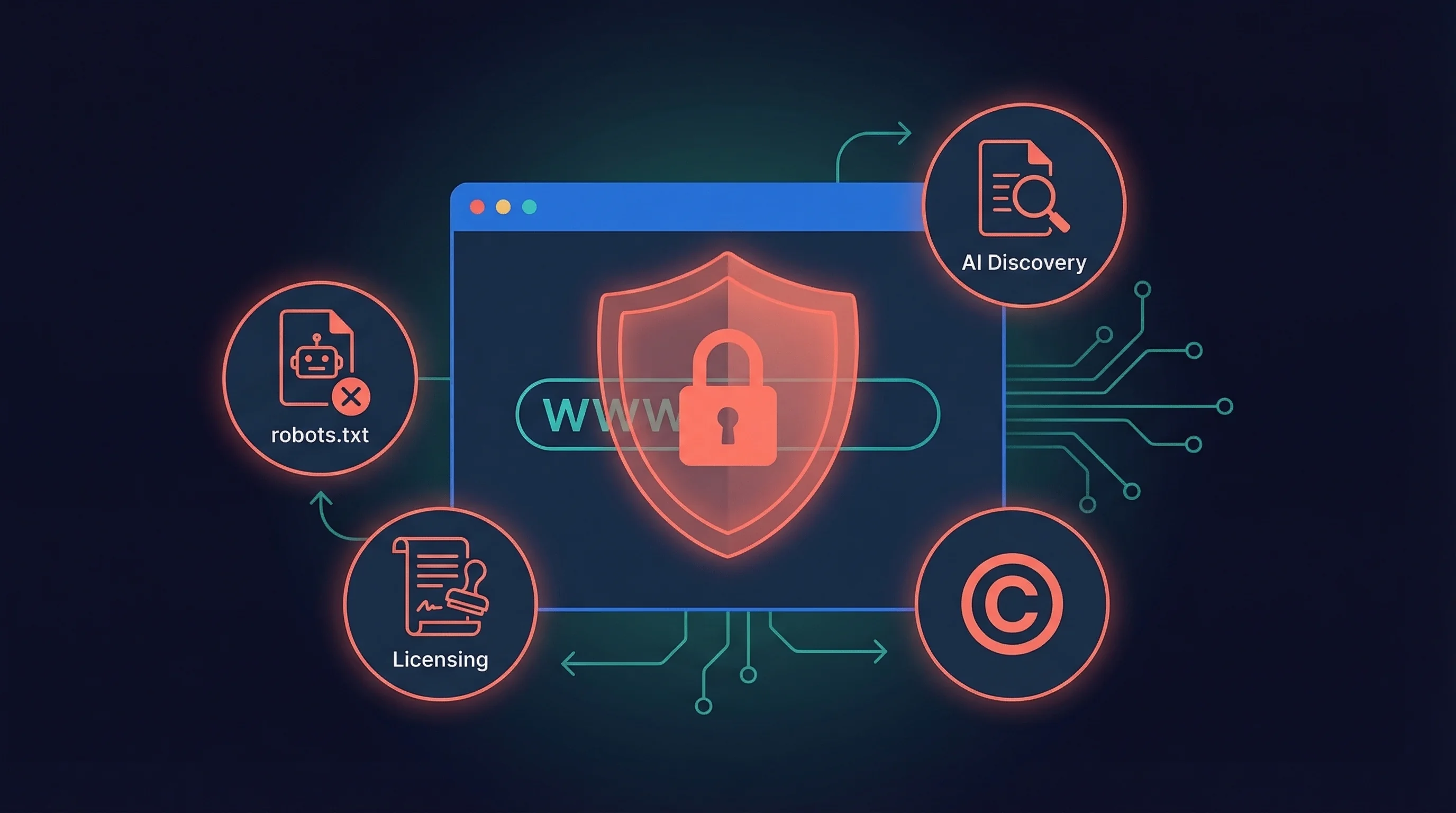 Illustration showing practical content protection steps for website owners including robots.txt configuration and AI discovery files