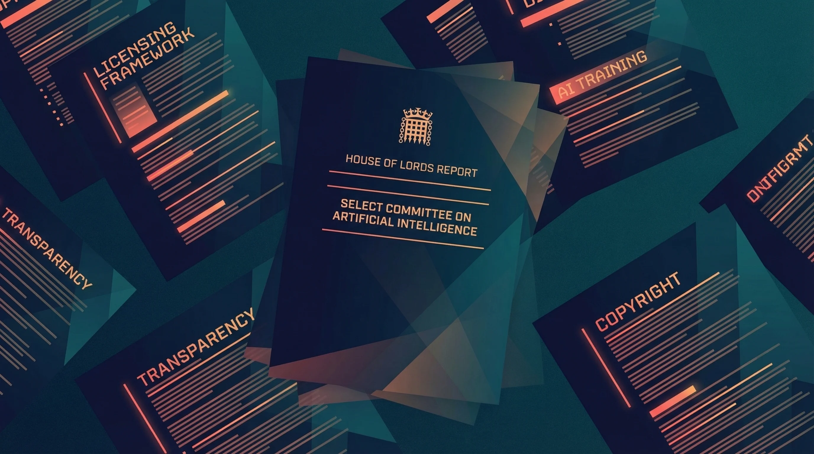 Key recommendations from the House of Lords AI copyright report displayed as cards against a dark parliamentary backdrop