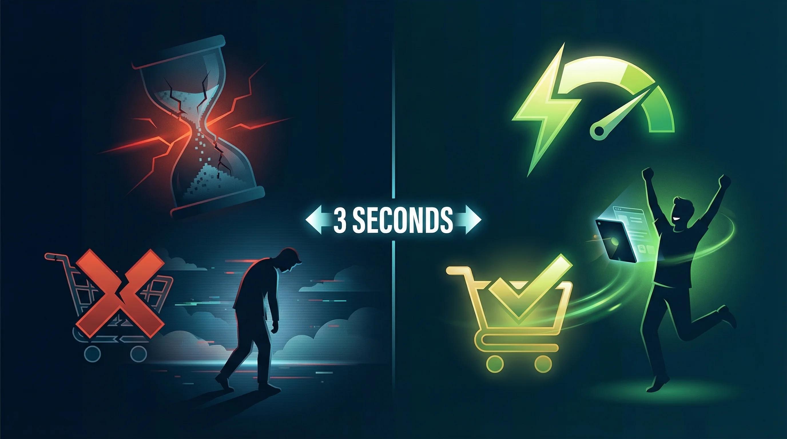 Split screen comparison showing slow loading with users leaving on the left versus fast loading with completed purchases on the right, divided by a 3 seconds label