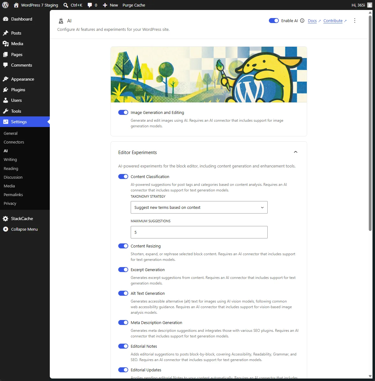 The WordPress AI plugin Settings screen on our staging site, showing the opt-in toggles for features including Content Classification, Content Resizing, Editorial Notes and Image Generation