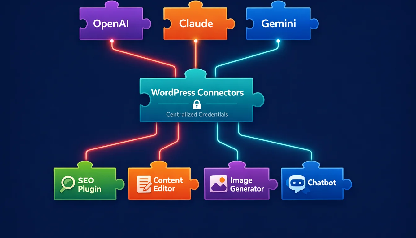 Vector diagram showing three AI providers (OpenAI, Claude, Gemini) connecting through a central WordPress Connectors hub to multiple plugins including SEO, content editor, and chatbot