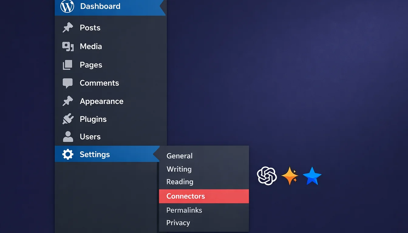 Vector illustration of a WordPress admin sidebar with Settings menu expanded showing the new Connectors menu item highlighted, with small AI provider icons floating beside it