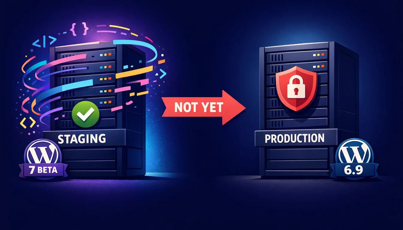 Vector illustration comparing a staging server with WordPress 7 Beta badge and green checkmark to a production server with WordPress 6.9 badge and red shield, with a NOT YET arrow between them